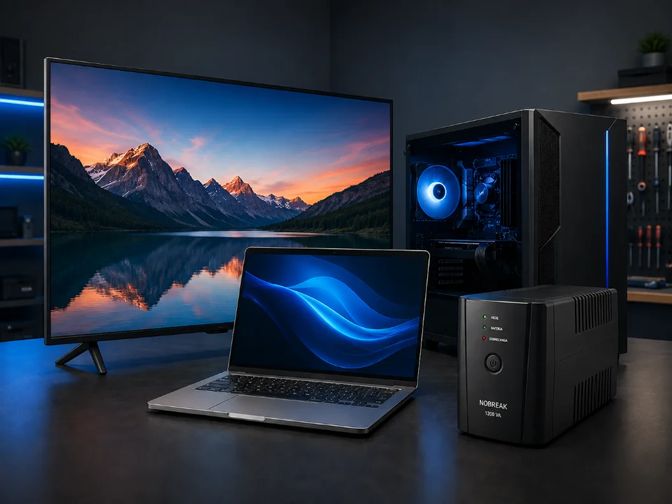 TV, notebook, PC e nobreak — equipamentos que corrigimos